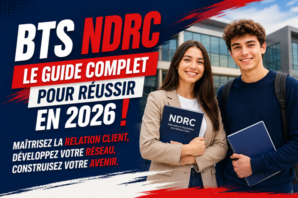 Bannière BTS NDRC 2026 avec deux étudiants présentant le guide complet de la formation en Négociation et Digitalisation de la Relation Client.